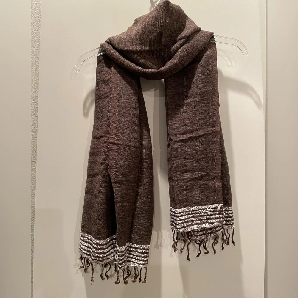 Scarf: Linen Cotton Soft Blend Brown/White Trim & Fringe (54” x 23 w)